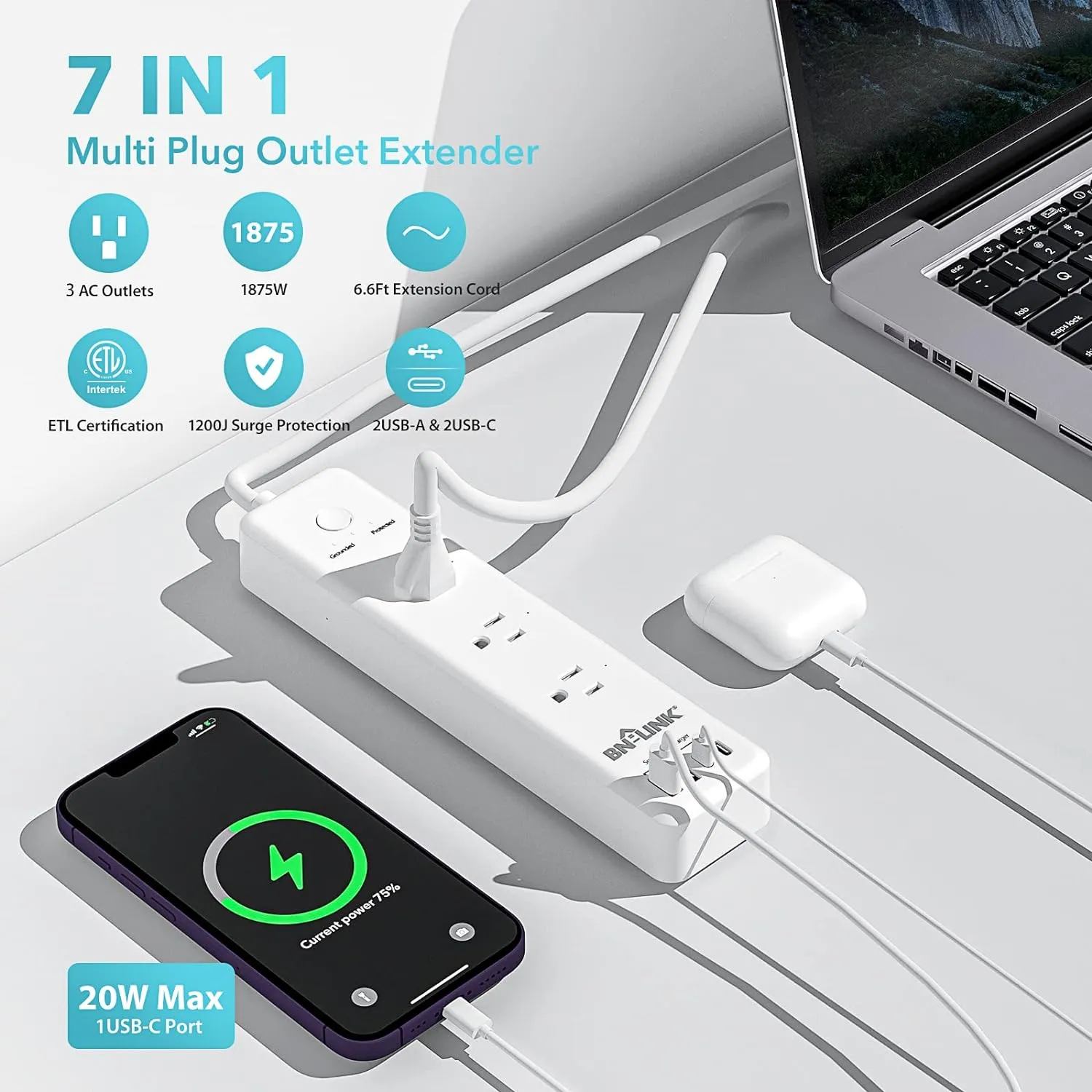 Power Strips Surge Protector 3-Outlet & 4 USB Ports BN-LINK